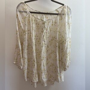 White Floral Print Boho Peasant Blouse 2X